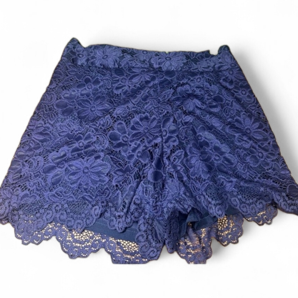Navy Lace High Waisted Shorts Womens Small Scalloped Hem Festival Boutique
